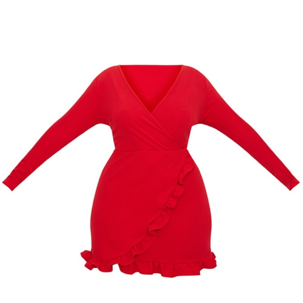 PrettyLittleThing Plus Red Ruffle Detail Wrap Dress - Picture 3 of 6